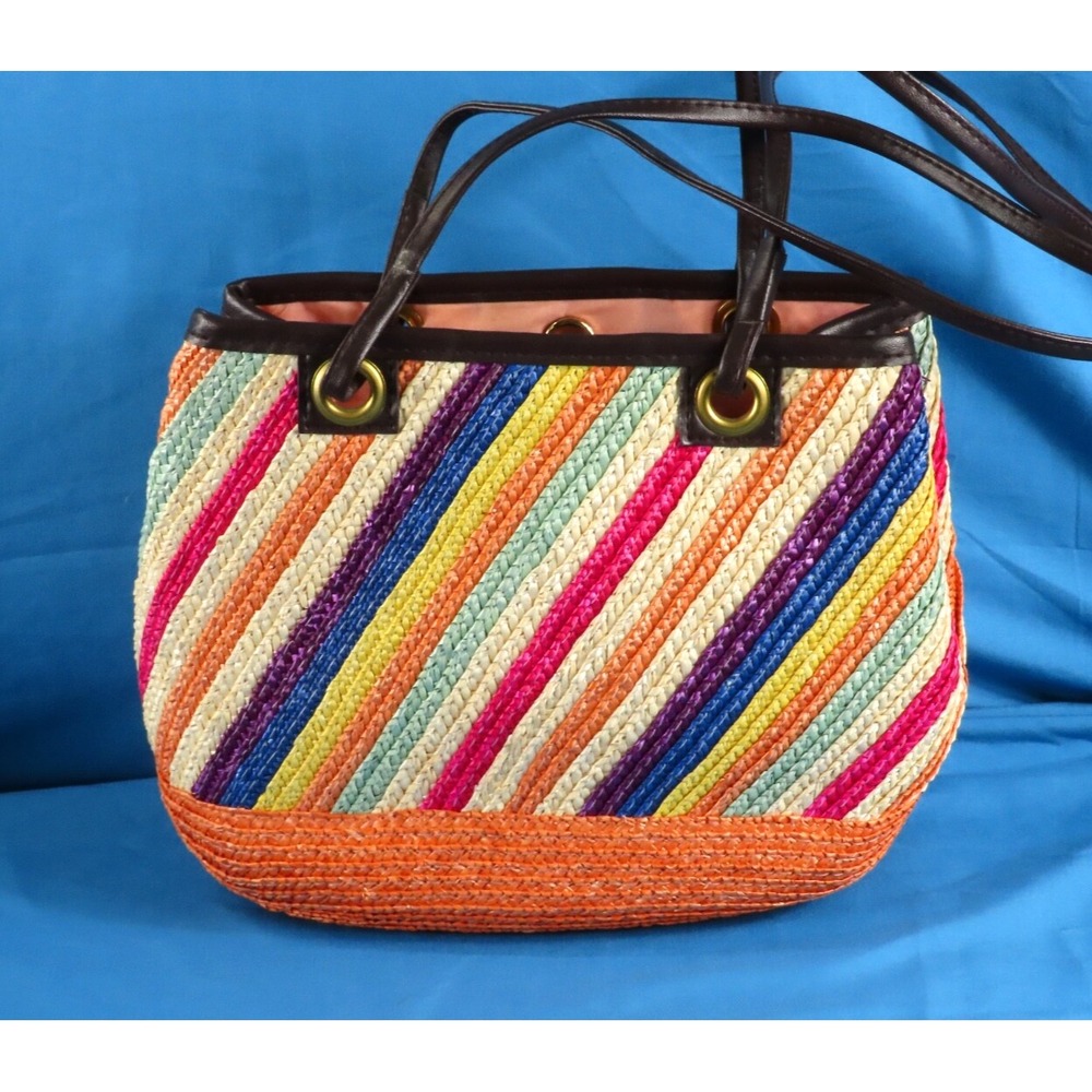 VTG STRAW PURSE BAG Diagonal Rainbow Stripes BROWN 2-STRAP Shoulder/Crossbody